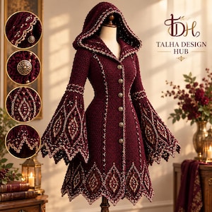 May include: A deep burgundy crochet hooded coat featuring flared sleeves, a front button closure with metallic buttons, and intricate cream-colored lace trim along the edges. The text Talha Design Hub is visible in the upper right corner.