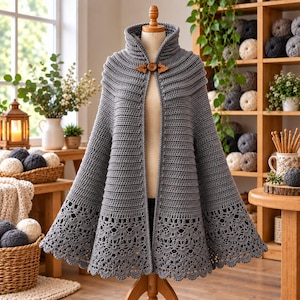 May include: A grey crochet cape featuring a high ribbed collar, a single wooden toggle button closure at the neck, and a wide, intricate lace-patterned border along the hem. The garment is displayed on a mannequin, showcasing its textured stitch.
