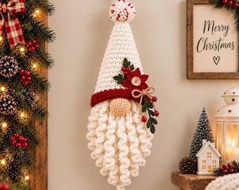 Crochet Gnome Door Hanger, Christmas Wall Decor, Farmhouse Gnome with Poinsettia, Handmade Holiday Ornament, Cozy Winter Decoration, Xmas Gi