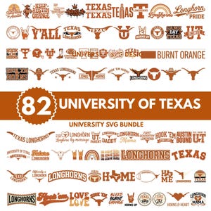 May include: A digital collection of 82 University of Texas themed graphic designs in burnt orange. The set features various illustrations including longhorn silhouettes, hook 'em hand signs, footballs, and typography reading Texas, Longhorns, and Hook 'em.