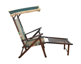 Antique Folding Striped Lawn Chair With Canopy