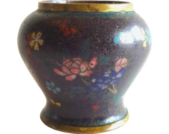 Antique Vintage 19th Century Cloisonne Japanese Enamel Small Black and Floral Vase