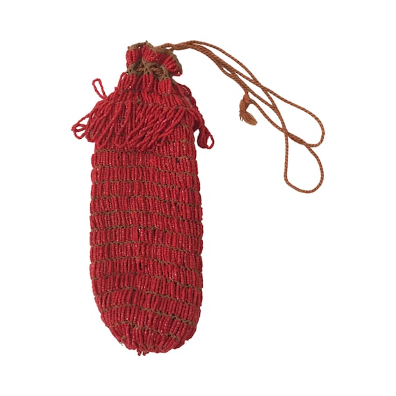 1920s Red Beaded Drawstring Wristlet Purse - image 1
