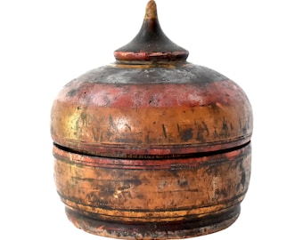 Antique 19th-Century Afghan Polychrome Wooden Round Lidded Spice Box