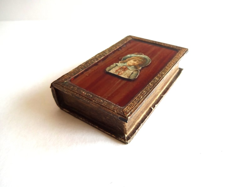 Antique Vintage French Faux Book Jewelry Box with Decoupage Girl