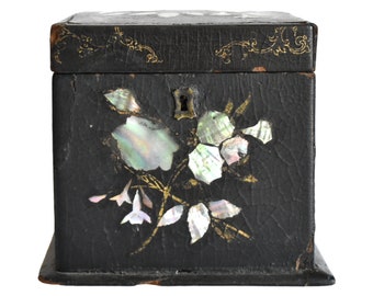 Antique 19th-Century Papier Mache and Mother of Pearl Tea Caddy Box