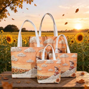 Handmade Sunflower Sunset Girl Gold Thread Jacquard Embroidery Tote Bag, Vintage Floral Canvas Bag
