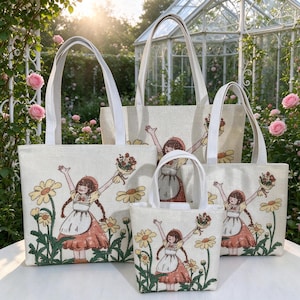 Handmade Cute Daisy Girl Gold Thread Jacquard Embroidery Tote Bag, Floral Canvas Shoulder Handbag