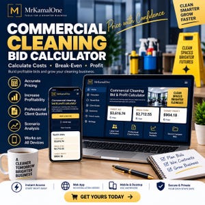 Puede incluir: Un calculador digital de presupuestos de limpieza comercial en una pantalla de portátil y smartphone. La interfaz muestra datos financieros incluyendo presupuesto objetivo, punto de equilibrio y beneficio. Taza blanca y cuaderno presentes.
