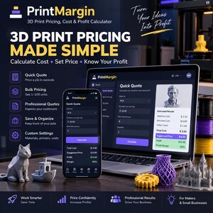 Puede incluir: Un ordenador portátil y un smartphone con el software de cálculo de precios de impresión 3D PrintMargin. La pantalla muestra campos para material, coste de filamento, tiempo de impresión y cantidad, con resultados calculados de coste y beneficio.
