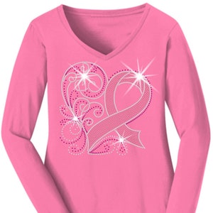 Swirly Heart Breast Cancer Awareness Pink Rhinestone Mega Bling Shirt, Fight Cancer, Hope Bling, Nobody Fights Alone In October we Wear Pink