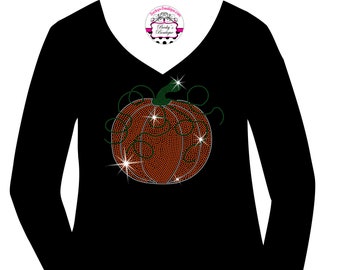 Swirly Pumpkin Halloween Fall RHINESTONE Mega Bling Shirt,  Thanksgiving Dinner Bling, Happy Halloween Bling, Thanksgiving Bling Spangle T