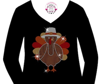 Cute Turkey Thanksgiving/Fall RHINESTONE Mega Bling Shirt, Thanksgiving Dinner Bling, Fall Bling Shirt, Gobble Gobble Turkey Dinner Bling T