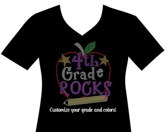 My Grade Rocks, Custom Teacher Grade Shirt, Teacher Bling Apple, K, 1st, 2nd, 3rd, 4th, 5thRHINESTONE Mega Bling, Teacher Bling Shirt Gift