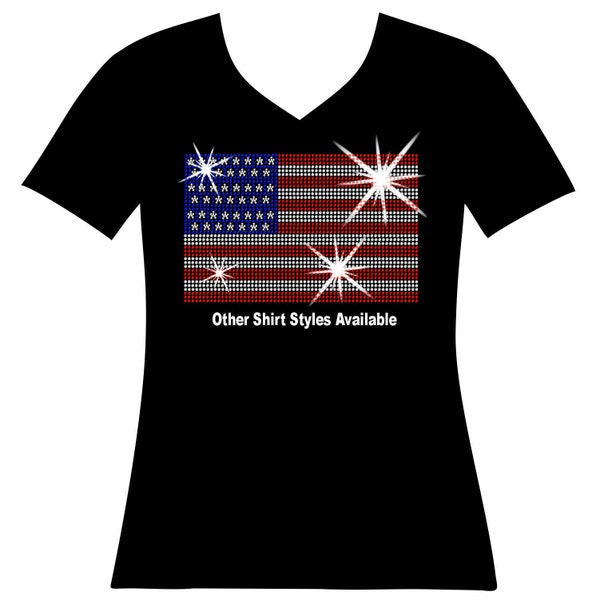Rectangle American Flag Bling Shirt, RHINESTONE Mega Bling 4th of July T, July 4th Spangle Shirt, Ladies Sparkle USA Pride Bling USA Pride