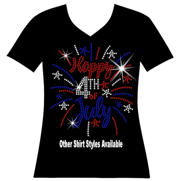 Happy 4th of July Firework RHINESTONE Mega Bling Shirt, July 4th SPANGLE T, Memorial Day Sparkle T, Ladies 4th of July Bling T God Bless USA