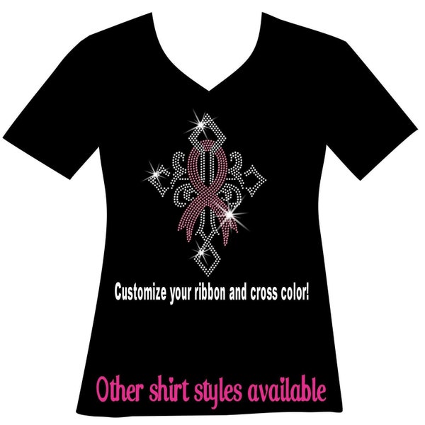 Religious Gothic Cross Awareness RHINESTONE or Holographic SPANGLE Sparkle Bling Ladies V-neck Shirts, Tanks Hoodies customize ribbon color.