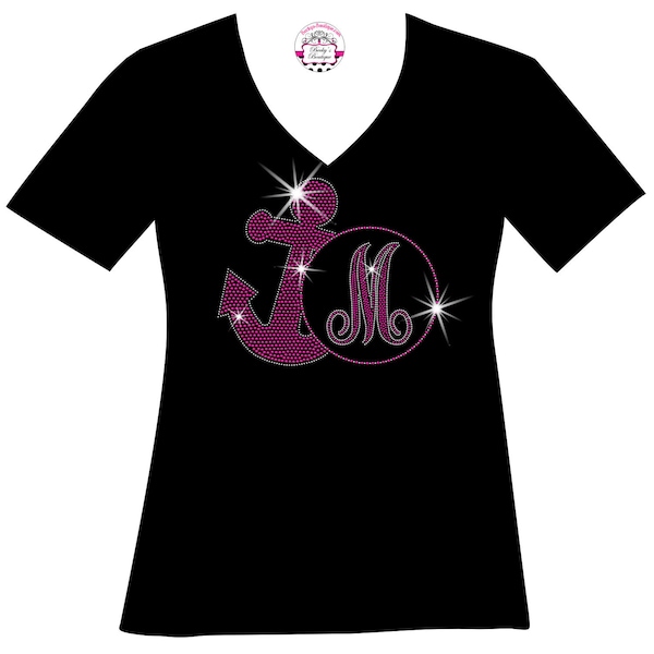 Nautical Leaning Navy Anchor with Monogram Initial Rhinestone Mega Bling, Sailing Spangle bling T, Cruise Bling T, Ladies Anchor Bling Shirt