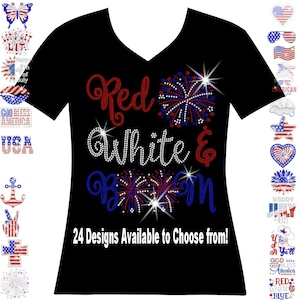 Ladies Black 4th of July Mega Bling Rhinestone Shirt , Ladies 4th of July Shirt, Woman&#39;s July 4th Bling, Independence Day Shirt, Patriotic T