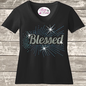 Blessed Rhinestone Shirt – Cursive Blessed Bling Tee with Fireworks – Sparkly Faith Statement Shirt
