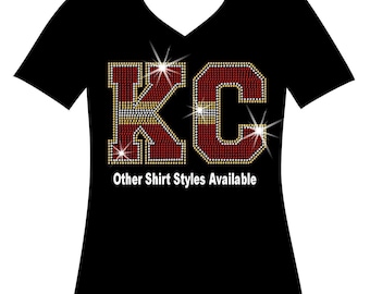 KC Rhinestone Shirt • Football Helmet Stripe KC Tee • Kansas City Game Day Sparkle Shirt • Bling Football Top • KC Fan Apparel