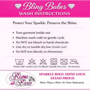 Washing and care instructions for rhinestone and spangle shirts. Care guide explains how to properly wash, dry, and care for custom apparel to help preserve the rhinestones, spangles, fabric, and design for long-lasting wear. Includes easy-to-follow garment care instructions for shirts, tanks, sweatshirts, and hoodies.