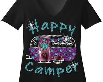 Happy Camper Ladies RHINESTONE Mega Bling Shirt ,Camping Lovers Shirt, Camping Bling Shirt, Camping Lover Bling Shirt, Happy Camper Bling T