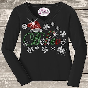 Candy Cane Believe Santa hat and Snow Flakes Rhinestone Bling Shirt Merry Christmas Sparkle T Work Christmas Party Sweater, Happy Holidays T