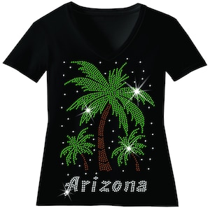 Custom Vacation Rhinestone Bling Shirt Palm Trees with Custom Saying Girls Trip Bedazzled Sweater Personalized Birthday Trip Sequence Tshirt