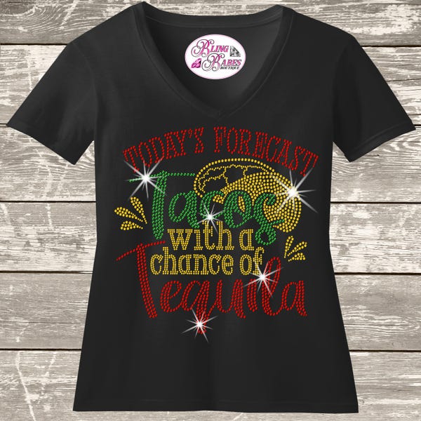 Tacos Tequila Rhinestone Shirt, Funny Cinco de Mayo Sparkly Tee