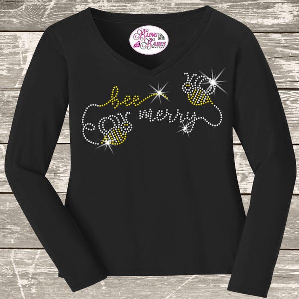 Cute Bee Merry Bumble Bee Rhinestone Bling Shirt, Bee Humble, Bee Kind, Happy Holiday T shirt, Christmas Bumble Bee Bedazzled Sweatshirt