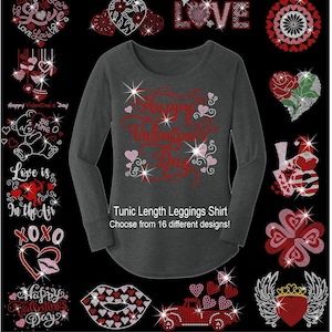 Happy Valentine's Day Spangle or Rhinestone Sparkle Bling Ladies Tunic Long Length Leggings T-shirt, Heart Cupid Love, XOXO, Gnomes or Roses