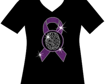 Brain Migraine Awareness Purple Ribbon Shirt, Rhinestone Support Tee