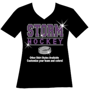 Custom Hockey Team and Puck Rhinestone Bling Shirt Hockey Mom Sparkle Sweatshirt Matching Girls Hockey Player Team Gift Ice Hockey Gift T