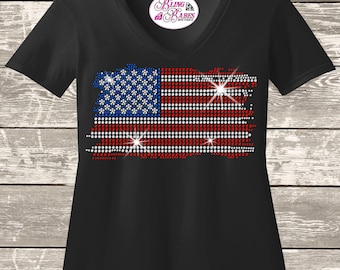 Camiseta con la bandera estadounidense y pedrería: brillo desgastado - Camiseta patriótica