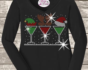 Christmas Santa Hat Reindeer Antlers Elf Hat Martini Glasses Rhinestone Mega Bling T, Reindeer Spangle T,  Santa Sparkle Bling T, Christmas
