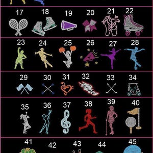 Custom Sports Add on Package RHINESTONE or SPANGLE sports symbols, Football, Basketball, Cheer, Skates, Volleyball, Lacrosse, Tennis, Golf