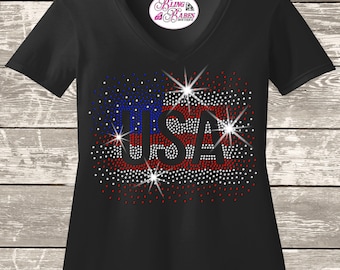 Sparkling USA Flag Shirt: Rhinestone Patriotic Tee (Women’s Sizes)