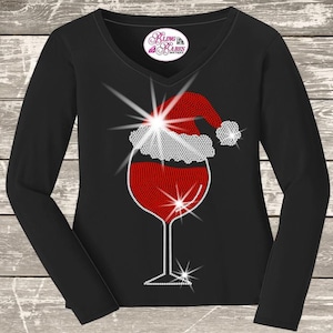 Christmas Wine Glass with Santa Hat RHINESTONE Mega Bling Shirt, Christmas Tree Bling, Happy Holidays, Wine Lovers Ladies Christmas Bling T