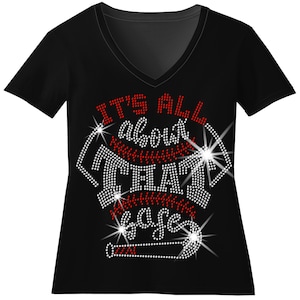 Custom Baseball Rhinestone Bling Shirt It's All About That Base Bedazzled Baseball T shirt Personalized Baseball Mom Sparkle Sequence Tshirt
