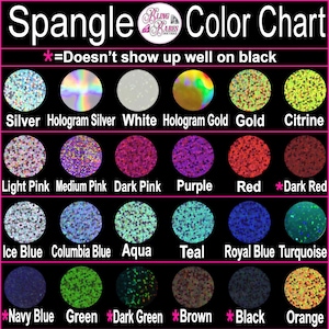 The image is a color chart that displays various types of glitter in different colors, including silver, white, gold, citrine, light pink, medium pink, dark pink, purple, red, dark red, blue, aqua, teal, royal blue turquoise, navy blue, green, dark green, brown, and black.