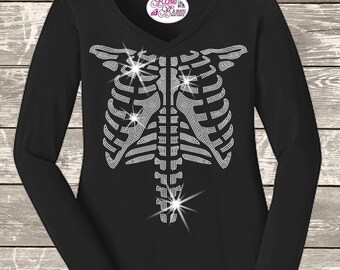 Halloween Skeleton Ribcage Rhinestone Shirt • Sparkly Skeleton Tee • Spooky Season Bling Top • Cute Halloween Shirt for Women