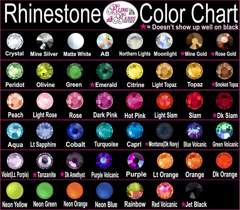 Rhinestone color chart displaying all available rhinestone colors for custom apparel, personalized designs, and custom bling creations from Bling Babes Boutique. 💎