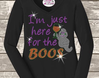 I'm Just Here for the Boos Shirt, Funny Halloween Tee, Rhinestone Ghost Shirt, Spooky Season Party Outfit, Halloween Girls Night Shirt