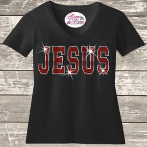 JESUS Rhinestone Shirt | Christian Faith Bling Tee | Sparkle Scripture Statement Top