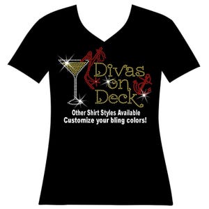 Diva's on Deck with Martini Glass Strappy High Heel and Anchor Rhinestone Bling Shirt, Birthday Squad Sweater, Bachelorette Party Vacation