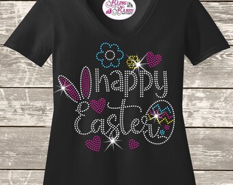Happy Easter Rhinestone Shirt, Sparkle Bling (Women's XS-4XL)