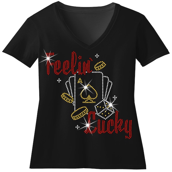 Feelin' Lucky Gambling Cards and Slots RHINESTONE Mega Bling Shirt, Las Vegas Birthday Shirt, Girls Trip, Vegas Birthday Queen, Black Jack T