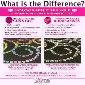 Comparison chart showing the difference between rhinestones and spangles, including sparkle, shine, texture, durability, and appearance options for custom bling apparel and personalized shirt designs.