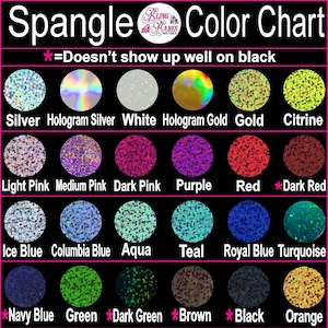 Spangle color chart displaying all available spangle colors for custom apparel, personalized designs, and custom sparkle creations from Bling Babes Boutique.